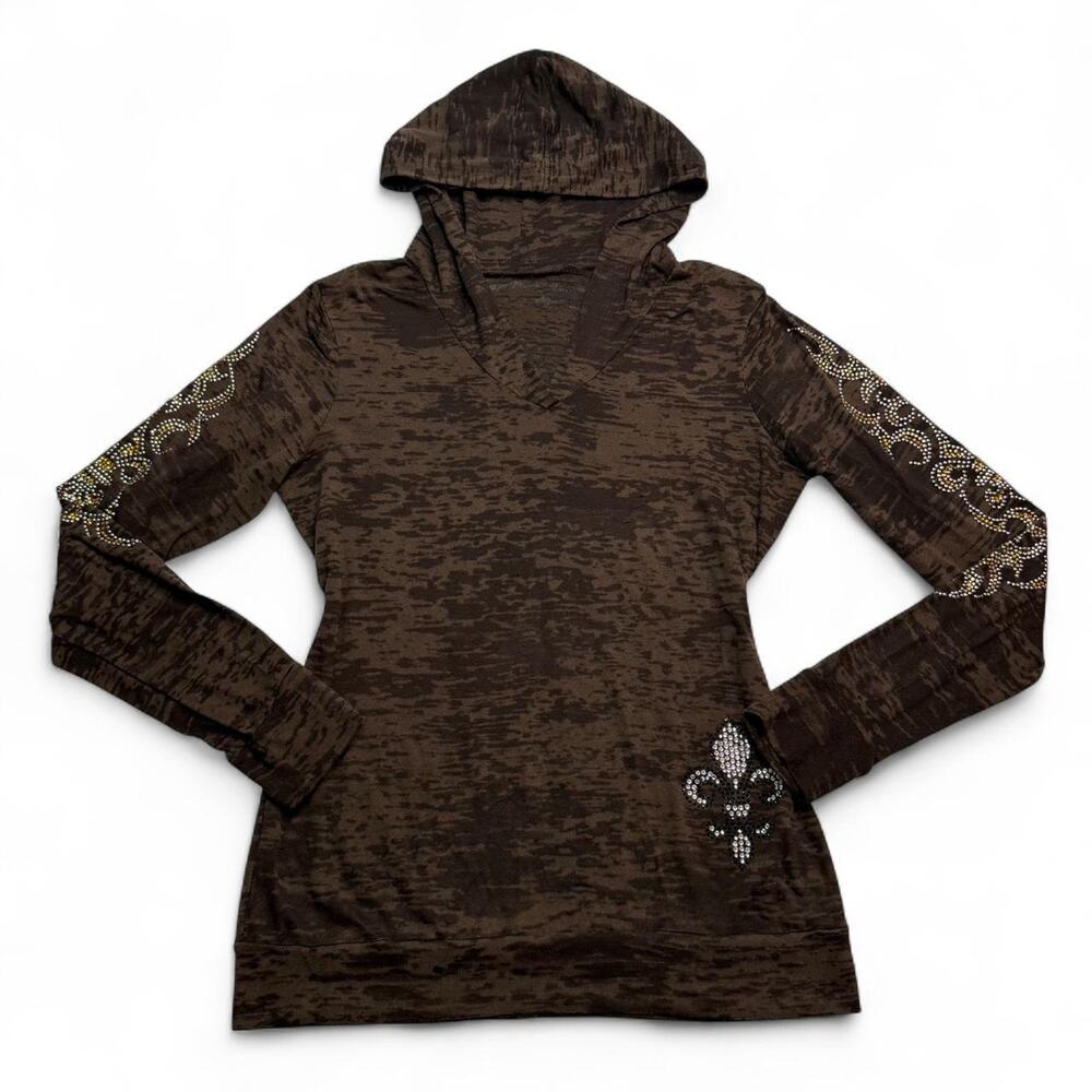 Y2K Sheer 2000s Brown rhinestone fleur de lis long sleeve top hood Mcbling large - Picture 6 of 7